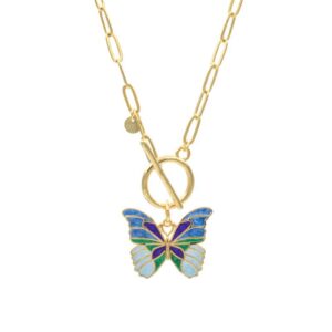 collar de eslabones con cierre de t y mariposa esmaltada azul, verde y morado