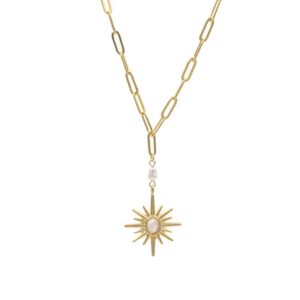 Collar estrella del norte laton baño oro perla de rio